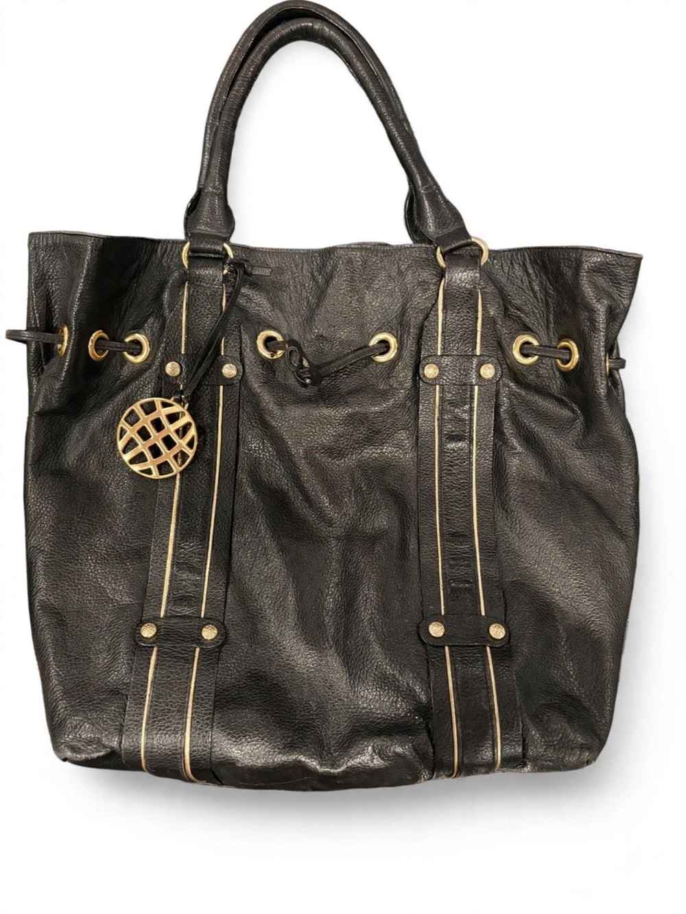 Black Leather Shoulder Tote with Gold Accent Trim